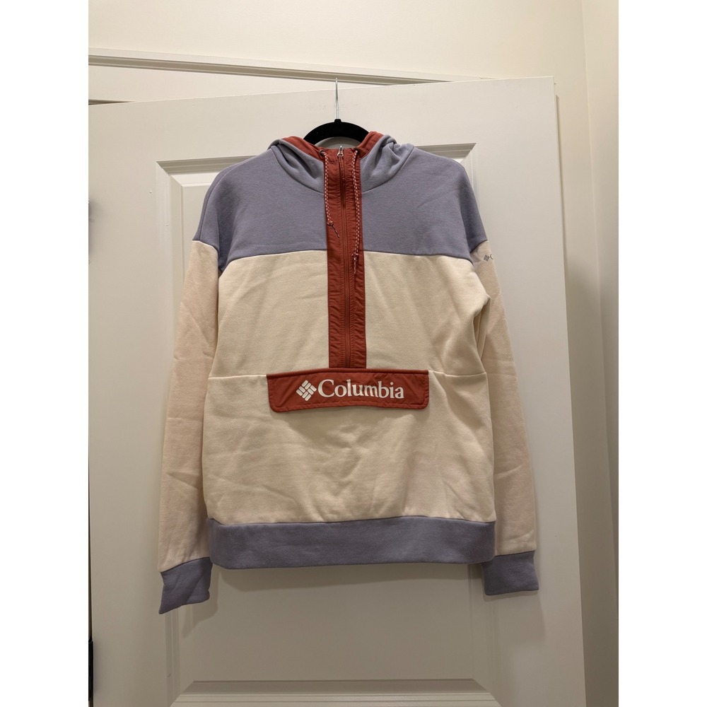Columbia Womens Colorblock Half Zip Fleece Hoodie Cream Blue Red Medium